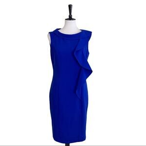 Calvin Klein Sheath Dress Ruffle Front Sleeveless Royal Blue Women's Size 8